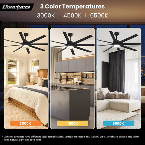 72 Inch Ceiling Fan With Light And Remote For Bedroom Living Room Library Cafe Outdoor Industrial Use 24W 3CCT Dimmable, 8 Blades, 6 Speed Reversible Quiet DC Motor, Black shown in bedrooms and kitchen with color temperature options