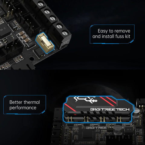 High Performance 3D Printer Control Board With Integrated TMC2209 Four Axis RP2040 Chip And Fuse Protection showing fuse kit and thermal features.
