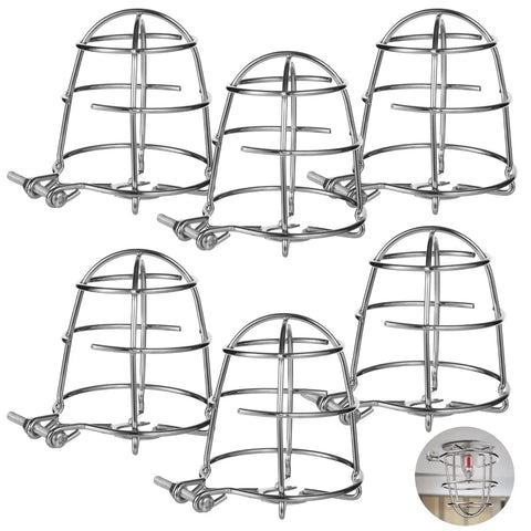Six Pack Metal Fire Sprinkler Head Guards With Heavy Duty Mounting Clamps Bump Resistant Shields in silver steel design.