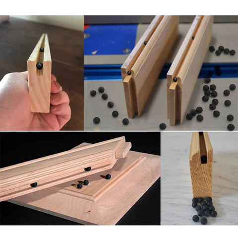 Raised Panel Cabinet Door Spacers 500 Pack Quarter Inch Black Rubber Ball Bumpers shown in grooves with alignment and stabilization focus.