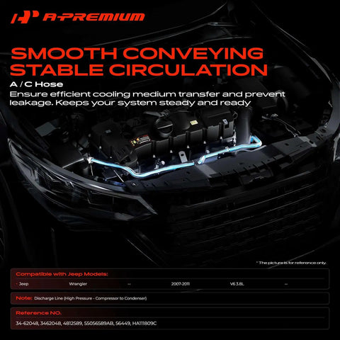 Top Shelf A C Discharge Line Hose Kit Compatible With Jeep Wrangler JK 2007 Through 2011 38 Liter V6 High Pressure Compressor To Condenser Easy Bolt Up Replacement Sick On The Trail, displayed in engine compartment.