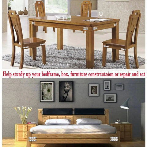 80 Piece Stainless Steel Flat Plate Brackets Heavy Duty Wood Furniture Corner Supports in a wooden dining setup for stability.