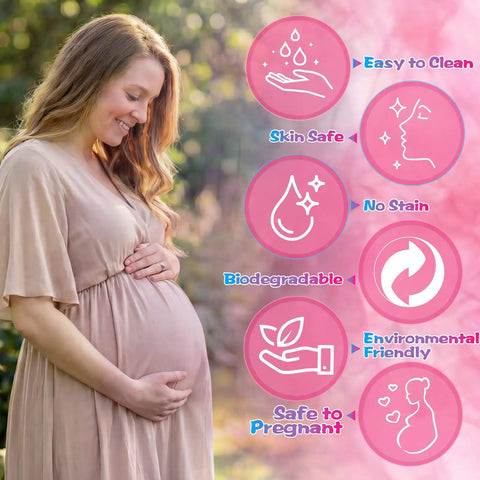 Pregnant woman smiling beside icons highlighting features of Next Level Gender Reveal Fire Extinguisher Smoker Bomb Two Pack.
