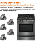 Replacement Stove Knob Kit For Gas Range And Oven Durable Easy Install 5 Pack Compatible With Samsung DG64 00473A 00473B And Related Models Includes NX58H5600SS AA00 AP5917439 PS9606608 3447565 shown with knobs and stove