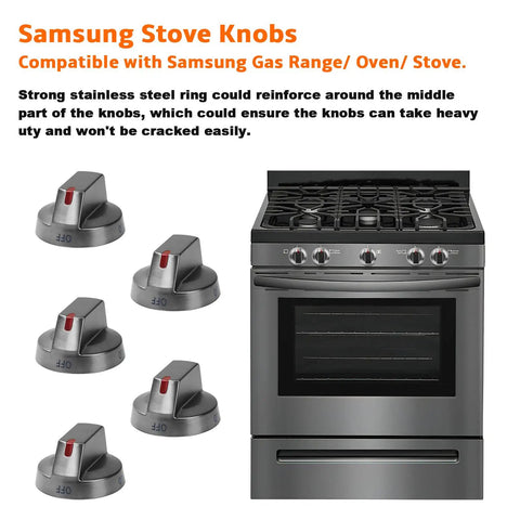 Replacement Stove Knob Kit For Gas Range And Oven Durable Easy Install 5 Pack Compatible With Samsung DG64 00473A 00473B And Related Models Includes NX58H5600SS AA00 AP5917439 PS9606608 3447565 shown with knobs and stove