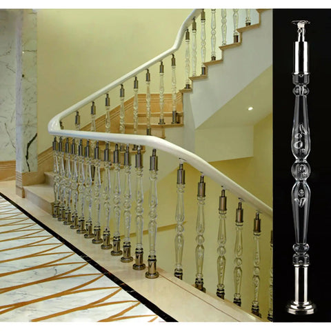Totally Sleek And Built Tough Clear Acrylic Balusters For Deck Railing Transparent Stair Spindles With Heavy Duty Adjustable Metal Brackets Next Level Crystal Banister Posts 25 Pack 37 Inch installed in elegant staircase.