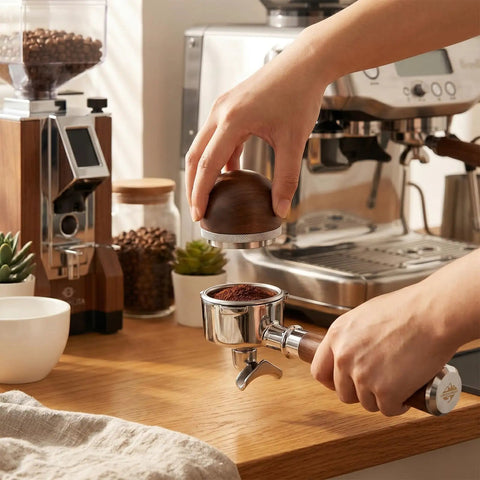 Using 54mm Espresso Portafilter With Two Cup Spouts And Walnut Handle For Breville And Sage Barista Machines Fits Barista Express Pro Touch Bambino Series Stainless Steel Basket on espresso machine.