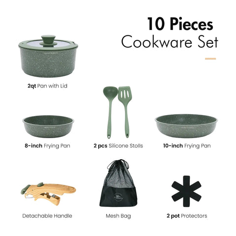 Detachable-Handle 10 Piece Camping Cookware Set Nonstick Induction Pots And Pans Green Granite Stackable RV Kitchen For Camper