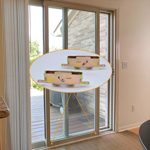 Tandem Replacement Sliding Patio Door Rollers Kit With 1-1/4 Inch Steel Ball Bearing Wheels, installed view showcasing smooth operation
