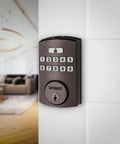Fingerprint Door Lock With Keyless Entry Biometric Lock Electronic Keypad And Auto Locking Deadbolt For Front Door With Interior Knob Set In Tuscan Bronze Finish And No Fuss Setup, mounted on a modern door.