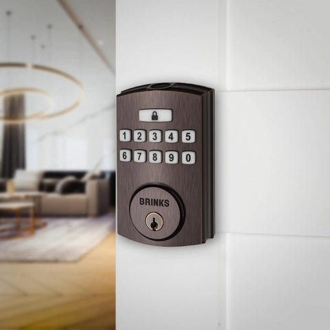 Fingerprint Door Lock With Keyless Entry Biometric Lock Electronic Keypad And Auto Locking Deadbolt For Front Door With Interior Knob Set In Tuscan Bronze Finish And No Fuss Setup, mounted on a modern door.