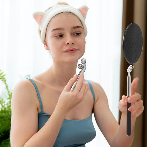 Telescoping Circular Inspection Mirror With Flexible Shaft 360 Degree Rotation Round Mirror Extended Handle 4 Inch Diameter Ideal Automotive Vehicle Condition Checker For Hard To Reach Areas And Car Maintenance next to a person using a facial roller.