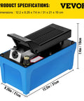 Front angled view of blue VEVOR air hydraulic pump with black ribbed foot pedal and built-in reservoir.