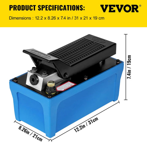 Front angled view of blue VEVOR air hydraulic pump with black ribbed foot pedal and built-in reservoir.