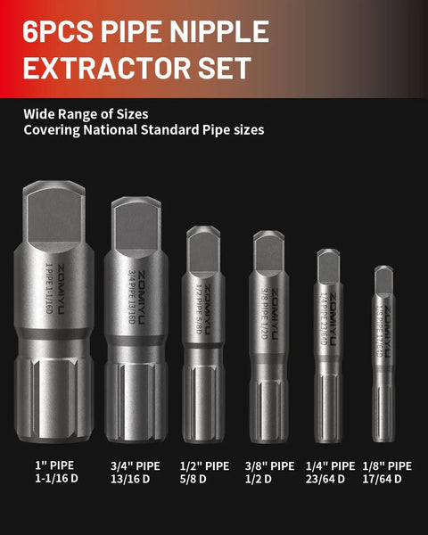 Heavy Duty Pipe Extractor Set For Removing Broken Damaged Threaded Pipes And Fittings From One Eighth Inch To One Inch With Durable Storage Case Six Piece Kit For Pro Plumbers And DIYers featuring six steel extractors in various sizes