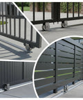 Sliding gates on 30 foot galvanized inverted V track for sliding driveway gate with hammer drive anchors heavy duty rolling gate rails.