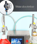 Ready To Roll Double Head Liquid Filler Machine Featuring Zero Drip Precision Valves And Hassle Free Height Adjustments For Smooth Beverage And Cooking Oil Bottling At 35 Liters Per Minute, showcasing water pipe strainer and anti-drip dual discharge port.