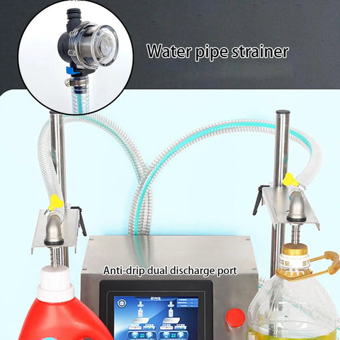 Ready To Roll Double Head Liquid Filler Machine Featuring Zero Drip Precision Valves And Hassle Free Height Adjustments For Smooth Beverage And Cooking Oil Bottling At 35 Liters Per Minute, showcasing water pipe strainer and anti-drip dual discharge port.