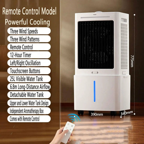 Beat The Heat With This Straight Up Windowless Portable Air Cooler And Evaporative Swamp Cooling System with remote control and visible water tank.