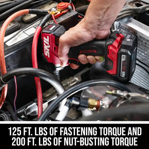 12V Brushless Cordless Impact Wrench 3 8 Inch Drive Compact High Torque Power Tool With Three Speed Gears And Killer Led Halo Lamp For Cranking Down Rusty Nuts Tool Only in use on automotive battery.