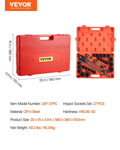 Impact Socket Set 3/4 Inch Drive Heavy Duty Pro Grade 27 Piece Standard SAE And Metric Sockets in red case