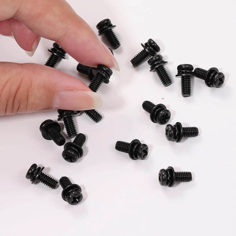 Hand holding M4x10mm VESA Screws Set With Lock Washers And Flat Washers, 20 Pack, Phillips Head, Black Finish for TV Wall Mounting.