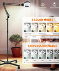 12x Large Floor Magnifying Glass With Light And Stand featuring 5 color modes, stepless dimming, and rolling base for estheticians.