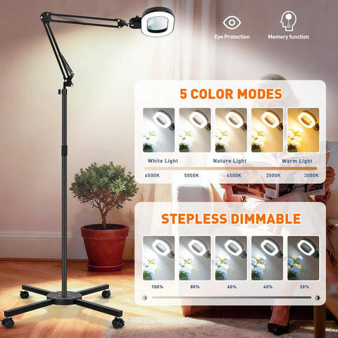 12x Large Floor Magnifying Glass With Light And Stand featuring 5 color modes, stepless dimming, and rolling base for estheticians.