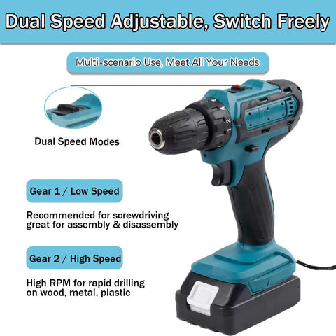 Top Notch Brushless Cordless Drill Set showing dual speed modes, ideal for various drilling tasks in home projects.
