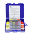 Keep Your Pool And Spa Waters Crystal Clear With This Pro 3 Way Test Kit in a purple case with test solutions and manual.