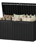 Open 100 Gallon Outdoor Storage Box Waterproof Resin Deck Box holding cushions, made of weatherproof resin, suitable for outdoor use.