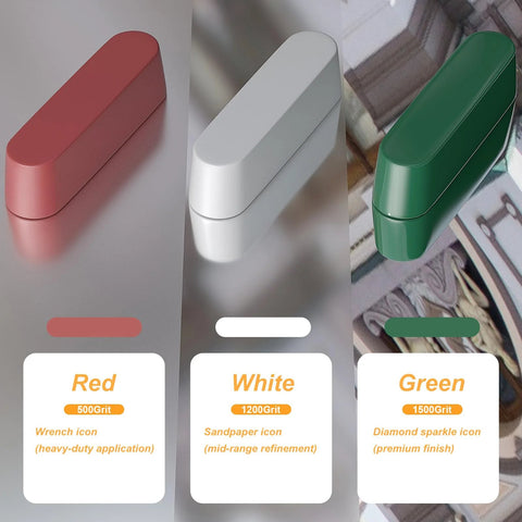 Three rounded color swatches: red, white, and green with grit labels 500, 1200, 1500 on a reflective surface