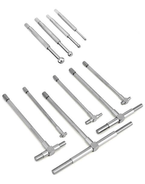 Six-piece stainless steel telescoping bore gauge set with knurled handles and T-handle adapters.