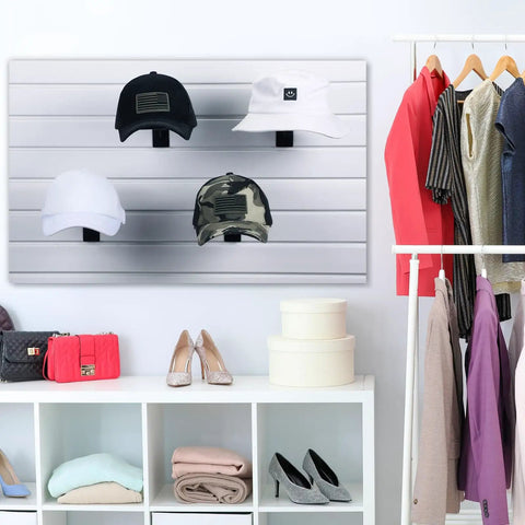 Six Pack Slat Wall Hat Display Racks Wire Headwear Organizer For Baseball Caps Beanies Wigs Metal Slatwall Accessories Ideal For Home Retail Store And Warehouse Black showing hats on a slatwall panel