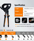 Diagram showing Built Tough Ratcheting Cable Cutter For 750MCM Copper And 1000MCM Aluminum Heavy Duty Wire Cutter specifications.