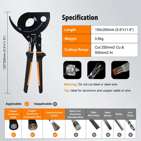 Diagram showing Built Tough Ratcheting Cable Cutter For 750MCM Copper And 1000MCM Aluminum Heavy Duty Wire Cutter specifications.