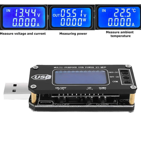 DC-DC Step Up Down Power Converter Module With Beefy USB Type-C Micro USB Input, Adjustable 1.0V-24V Output From 3.5V-12V, 2-3W, Boost Buck Voltage Regulator with digital voltmeter ammeter display.