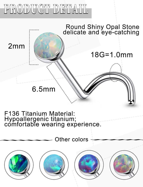 Five Pack 18g ASTM F136 Titanium Nose Studs With Vibrant Opal Tops For Nostril Piercings Solid Screw Back showing 2mm opal stone and 6.5mm post.