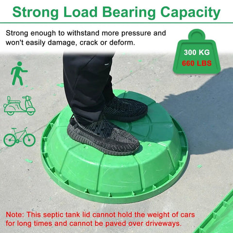Person standing on heavy duty resin manhole cover for outdoor drainage, demonstrating strength, supports up to 300 kg (660 lbs)