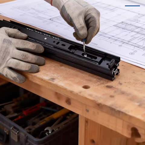 Worker handling 12 Inch Full Extension Drawer Slides Side Mount Rails 100 Lb Heavy Duty Ball Bearing on workbench