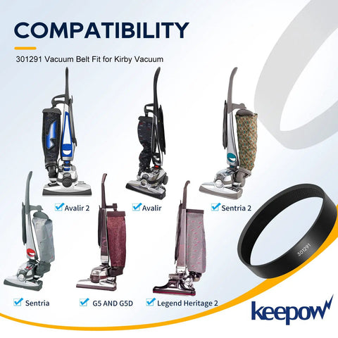 Replacement Vacuum Belt Set For Kirby Sentria Avalir 2 G3 G4 G5 G6 G7 301291G Compatible Upright Vacuums 4 Pack with models shown