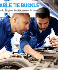 Mechanics using Heavy Duty Self-Locking Cable Tie Buckle Kit for Cars on engine for auto repairs.