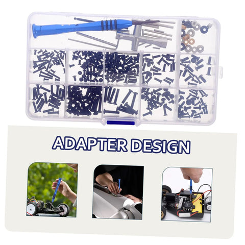 All In One Pro Grade RC Car Screw Tool Kit With Nuts Bolts Fasteners Gasket Repair Tools In A Durable Accessory Box For Easy RC Car Repair And Maintenance Across Multiple Models, showing screwdrivers and compartmentalized storage.