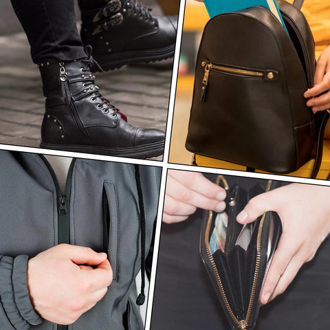 Various items with zippers including black boots, backpack, gray jacket, and wallet, demonstrating zipper usage and versatility.