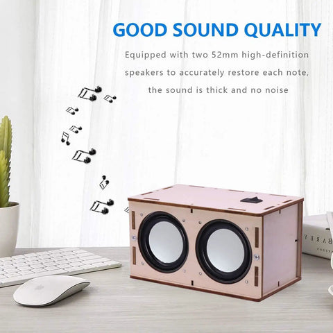 DIY Bluetooth Speaker Box Kit With Laser Cut Wood Case Build Your Own Portable Sound System No Soldering Required displayed on desk.