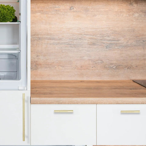 10 Pack 10 Inch Brushed Brass Cabinet Pulls Knurled Texture Kitchen Drawer Handles on white cabinets with wooden background.