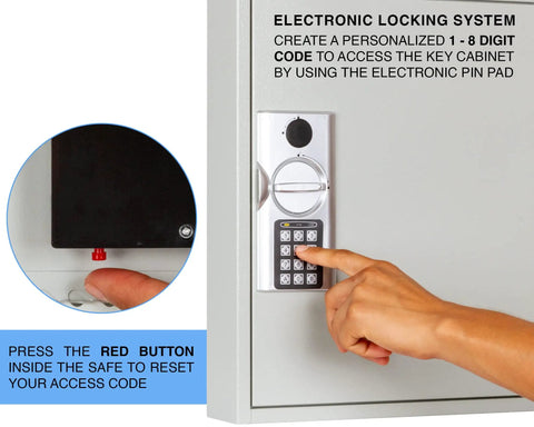 Person programming electronic lock on 110 Key Steel Safe Cabinet With Digital Lock For Wall Mount Key Storage Box, light gray finish.