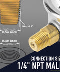1/4 inch NPT male connection of Beefy 2-1/2 Inch Dial Pressure Gauge 0-200 PSI Glycerin Filled Lower Mount Stainless Steel Case