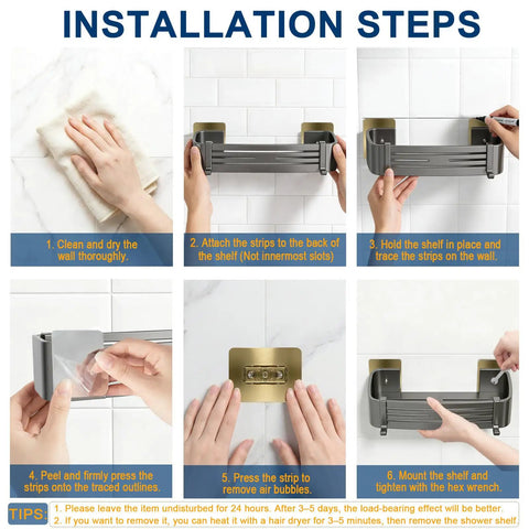 Step-by-step installation guide for No Drill Shower Caddy With Shelves And Hooks, waterproof rustproof removable shower organizer.