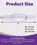 Oxygen tubing swivel connector, front view; white plastic, length 1.9 in, ends 0.2 in and 0.24 in.